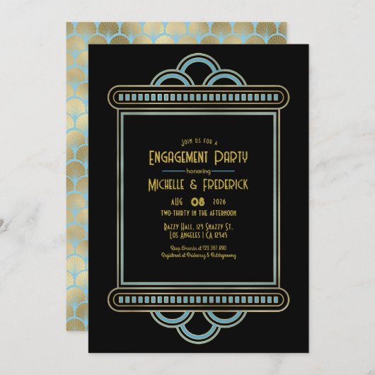 Gatsby Art Deco Blue & Gold Engagement Party Photo Kaart (Voorkant / Achterkant)