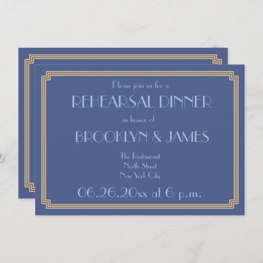 Gatsby Art Deco Blue Wedding Rehearsal Invites Kaart (Voorkant / Achterkant)