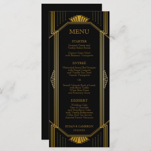 Gatsby Art Deco Dinner Menu | bewerkbare kleur (Voorkant / Achterkant)
