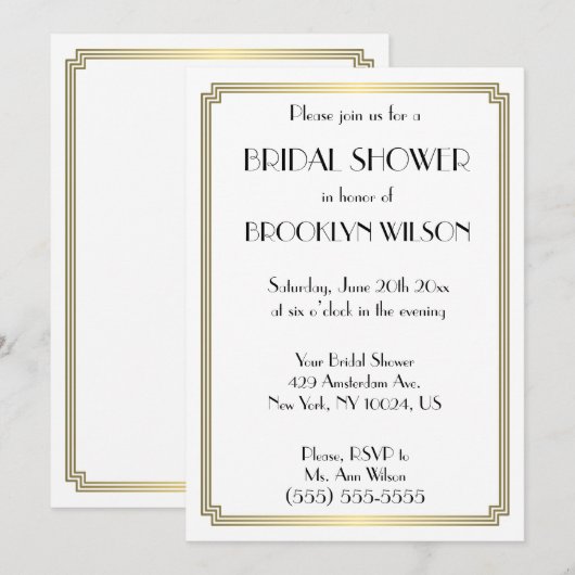 Gatsby Art Deco Gold Bridal Shower-uitnodigingen Kaart (Voorkant / Achterkant)