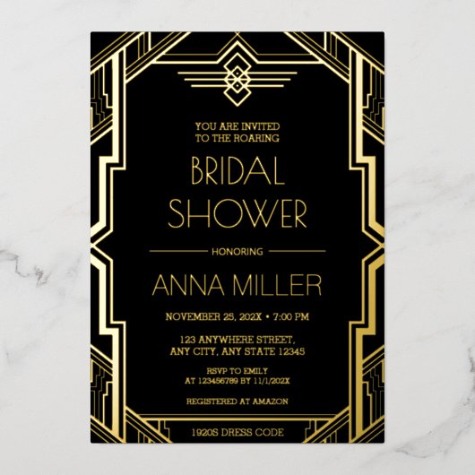 Gatsby Art Deco Gold en Black Vrijgezellenfeest Folie Uitnodiging (Voorkant)