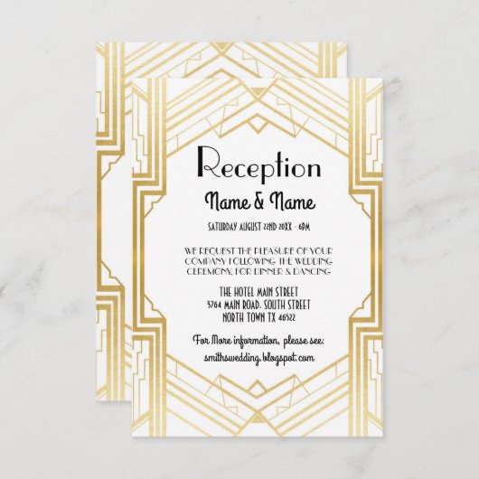 Gatsby Art Deco Gold Wedding Reception Cards Informatiekaartje (Voorkant / Achterkant)