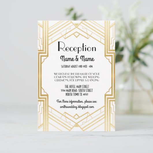 Gatsby Art Deco Gold Wedding Reception Cards Informatiekaartje (Staand voorkant)