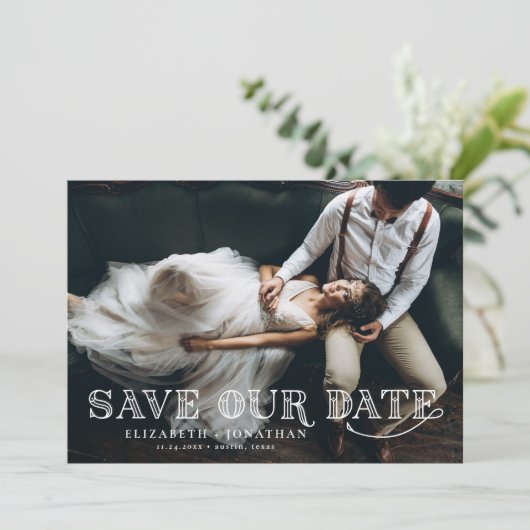 Gatsby Art Deco Lettering Overlay Foto Save The Date (Staand voorkant)