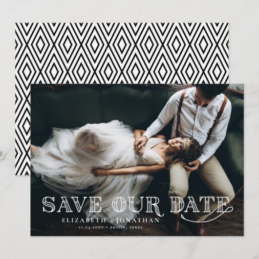 Gatsby Art Deco Lettering Overlay Foto Save The Date (Voorkant / Achterkant)