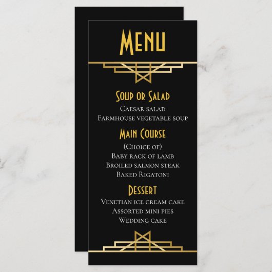 Gatsby Art Deco Menu Zwart & Goud Bruiloft Party (Voorkant / Achterkant)