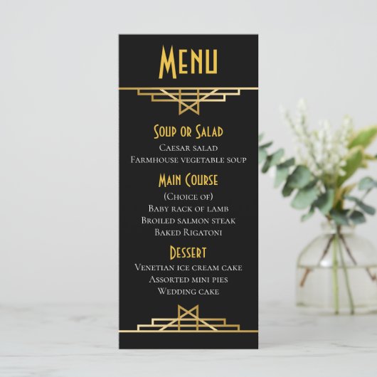 Gatsby Art Deco Menu Zwart & Goud Bruiloft Party (Staand voorkant)