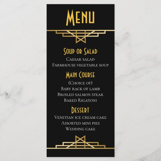 Gatsby Art Deco Menu Zwart & Goud Bruiloft Party (Voorkant)