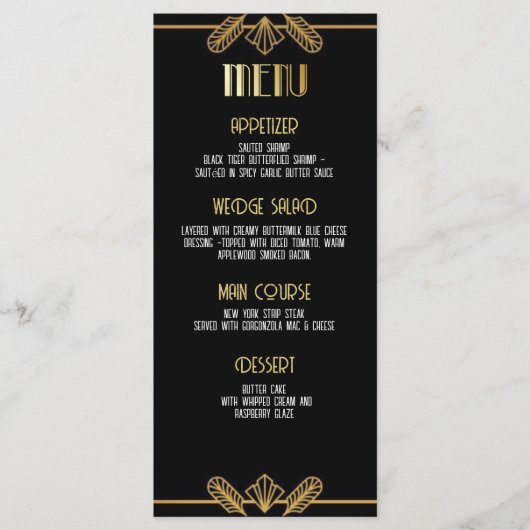 Gatsby, Art Deco, moordmysterie, menu (Voorkant)