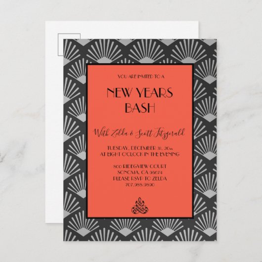 Gatsby  Art Deco New Years Eve Party Invite Aankondigingskaart (Voorkant / Achterkant)