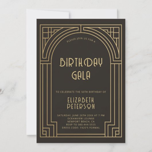 Gatsby Art Deco Nouveau Gold Roaring 20s Verjaarda Kaart (Voorkant)