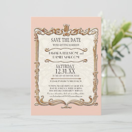 Gatsby Art Deco Nouveau Kant Nep Goud Kleur Tulpen Save The Date (Staand voorkant)
