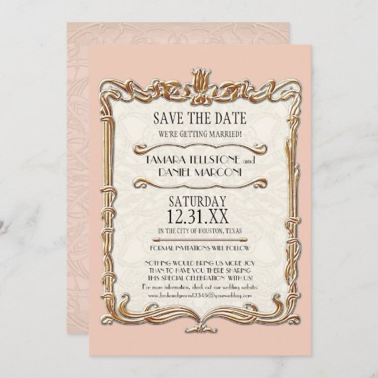 Gatsby Art Deco Nouveau Kant Nep Goud Kleur Tulpen Save The Date (Voorkant / Achterkant)