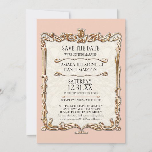 Gatsby Art Deco Nouveau Kant Nep Goud Tulp Save The Date (Voorkant)