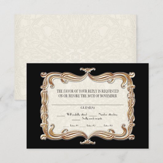 Gatsby Art Deco Nouveau Lace Faux Gold Tulip RSVP Kaartje (Voorkant / Achterkant)