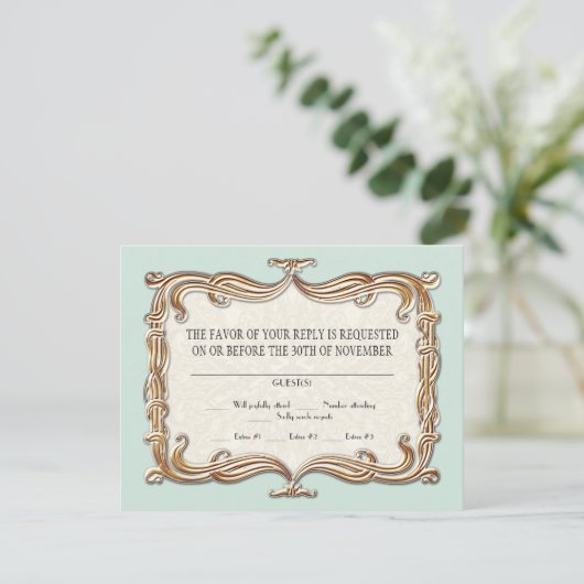 Gatsby Art Deco Nouveau Lace Faux Gold Tulip RSVP Kaartje (Staand voorkant)