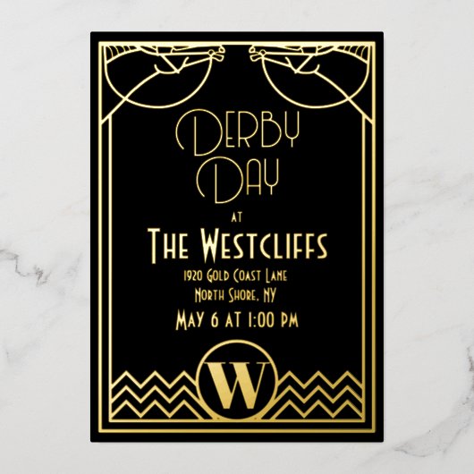 Gatsby Art Deco Paard Derby Party Zwart Folie Uitnodiging (Voorkant)