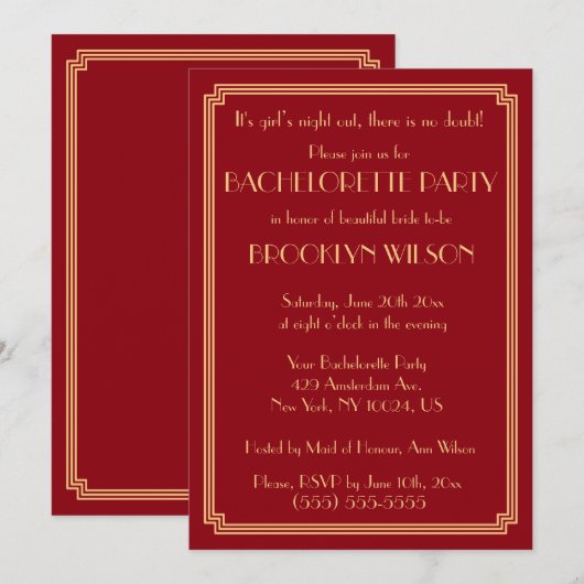 Gatsby Art Deco Red Bachelorette Party nodigt Kaart (Voorkant / Achterkant)