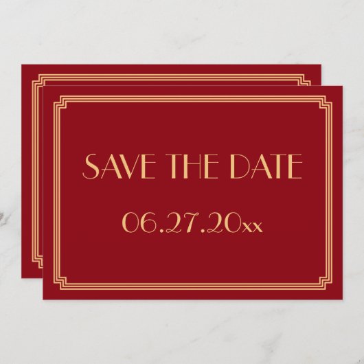 Gatsby Art Deco Rode Huwelijk Bewaar de Datum Kaar Save The Date (Voorkant / Achterkant)