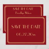 Gatsby Art Deco Rode Trouwkaart Save The Date (Voorkant / Achterkant)