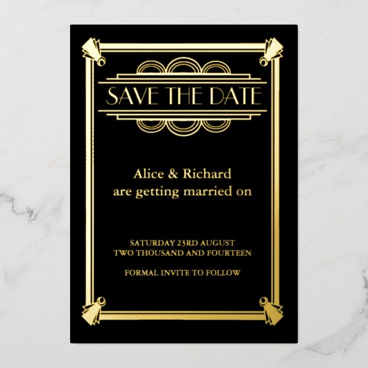 GATSBY ART DECO TROUWEN SAVE THE DATE FOLIE UITNODIGING (Voorkant)