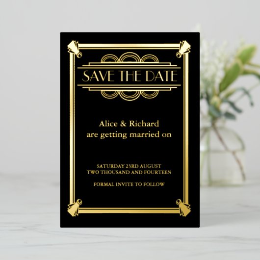 GATSBY ART DECO TROUWEN SAVE THE DATE FOLIE UITNODIGING (Staand Voorkant)