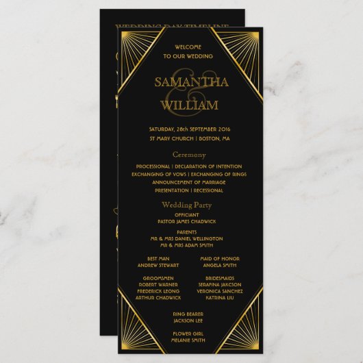 Gatsby Art Deco Trouwtijdlijn Programmakaart (Voorkant / Achterkant)