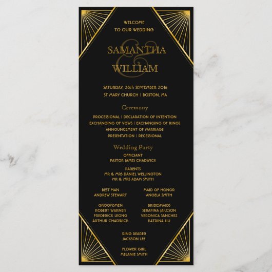 Gatsby Art Deco Trouwtijdlijn Programmakaart (Voorkant)