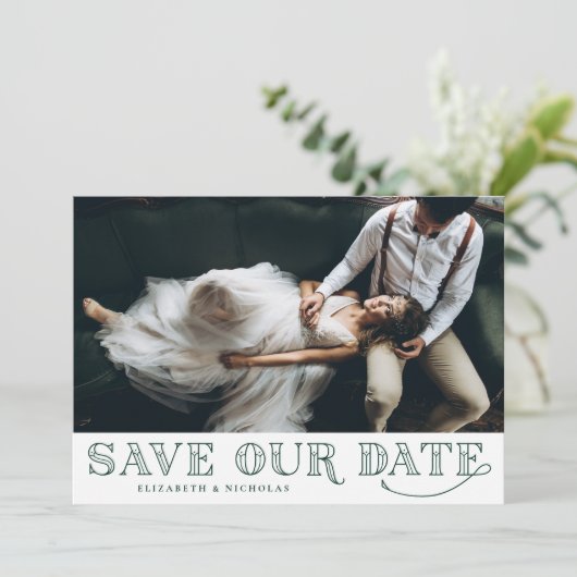 Gatsby Art Deco Typografie Groen Save the Date (Staand voorkant)