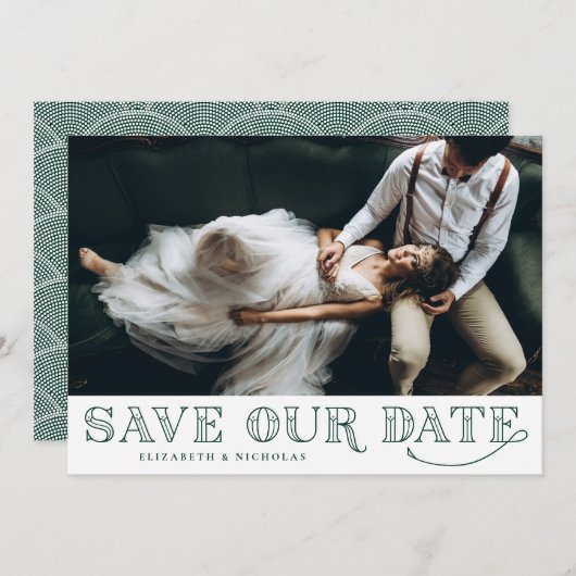 Gatsby Art Deco Typografie Groen Save the Date (Voorkant / Achterkant)