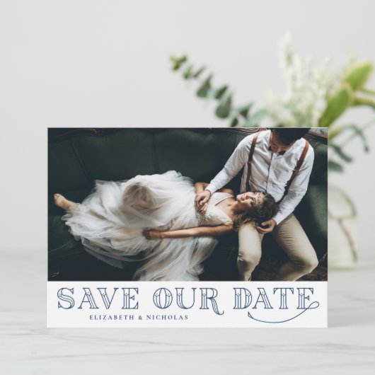 Gatsby Art Deco Typography Blue Save the Date (Staand voorkant)