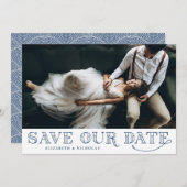 Gatsby Art Deco Typography Blue Save the Date (Voorkant / Achterkant)