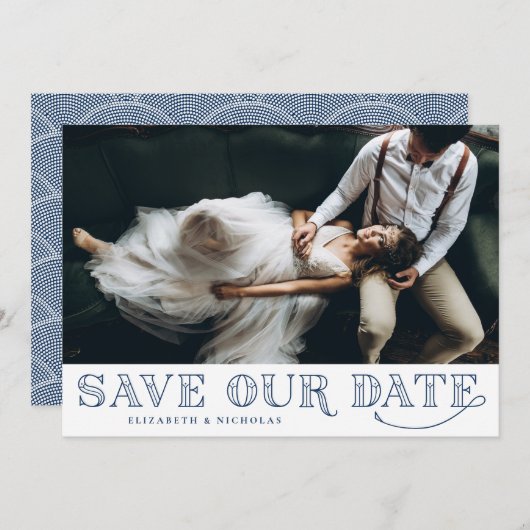 Gatsby Art Deco Typography Blue Save the Date (Voorkant / Achterkant)