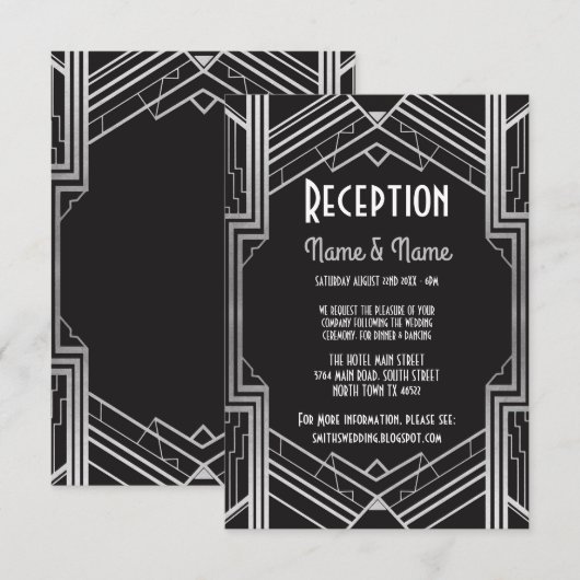 Gatsby Art Deco Zilveren Trouwreceptiekaarten Kaart (Voorkant / Achterkant)