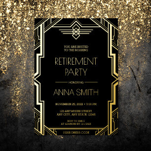 Gatsby Art Deco Zwart en Goud Pensioenfeest Fo Folie Uitnodiging
