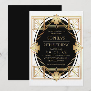 Gatsby Art Deco Zwarte 25e Verjaardagsfeestje Kaart