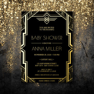 Gatsby Art Deco Zwarte en Gouden Baby Shower Folie Uitnodiging