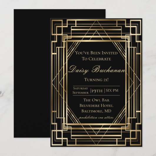 Gatsby Birthday Invitation Roaring 20s Partij Kaart (Voorkant / Achterkant)