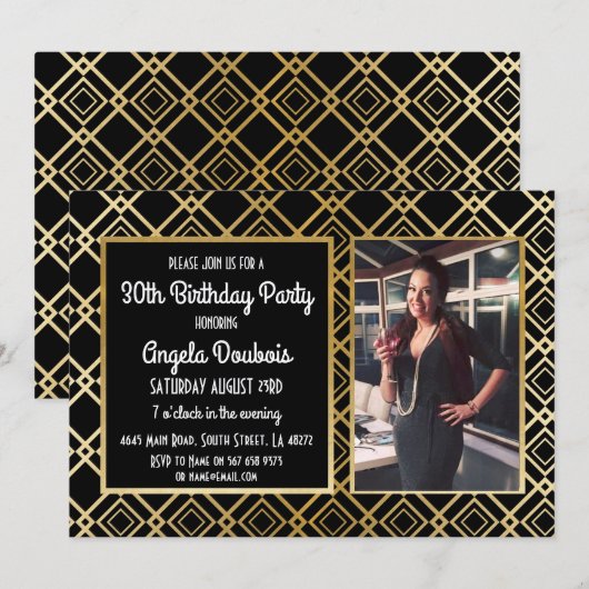 Gatsby Birthday Party 1920's Roaring Gold Invite Kaart (Voorkant / Achterkant)