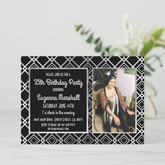 Gatsby Birthday Party 1920's Roaring Silver Invite Kaart (Staand voorkant)