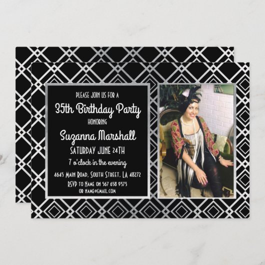 Gatsby Birthday Party 1920's Roaring Silver Invite Kaart (Voorkant / Achterkant)