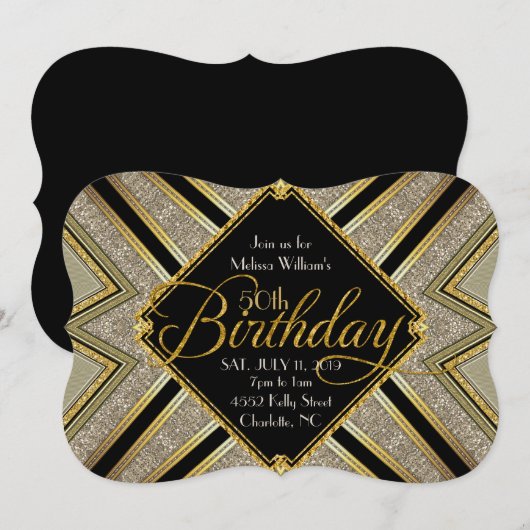 Gatsby Black en Gold 50th Birthday Invitation Kaart (Voorkant / Achterkant)