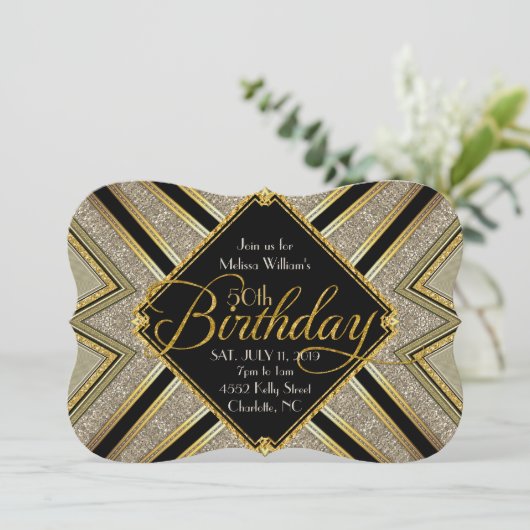 Gatsby Black en Gold 50th Birthday Invitation Kaart (Staand voorkant)