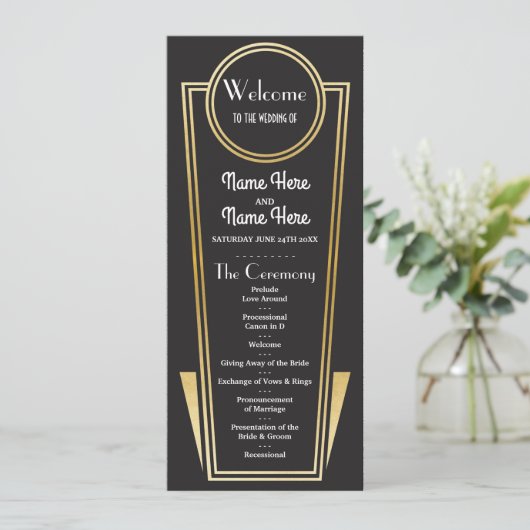 Gatsby Black & Gold Art Deco 1920 jubileum Huwelij Programmakaart (Staand voorkant)
