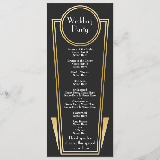 Gatsby Black & Gold Art Deco trouwprogramma uit de Programmakaart (Achterkant)