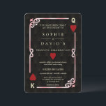 Gatsby Casino Las Vegas Pink Black Poker Wedding Kaart<br><div class="desc">Uniek casino Royale en Great Gatsby voor het kaartontwerp. Het is voorzien van een kunstdecostijl, een Roaring 1920's oude Hollywood gebroken lijst met een lichtroze gradiënt Fleur-de-lis, rode harten, Q en K op twee hoeken (het simuleren van speelkaarten), op een gouden zwarte Kunstdecopatroonachtergrond. Er wordt een speciale formulering gebruikt zoals...</div>