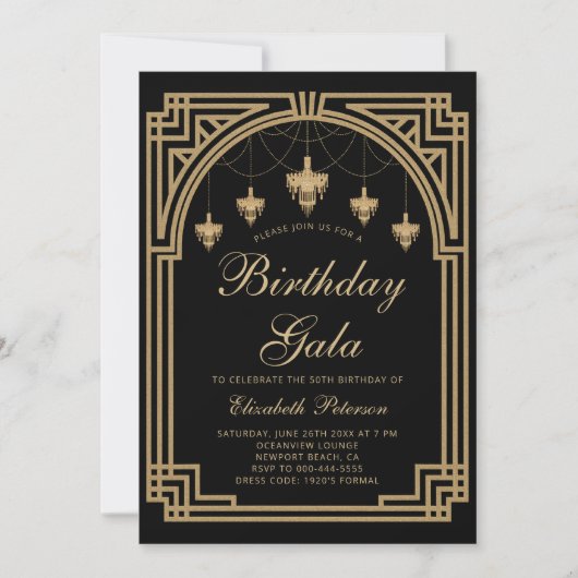 Gatsby Deco Roaring 20s Chandeliers Gouden Verjaar Kaart (Voorkant)