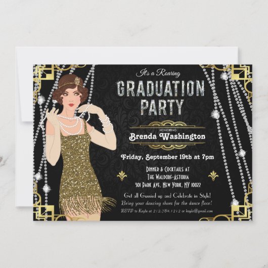 Gatsby Flapper Girl Afstuderen Invitation Kaart (Voorkant)