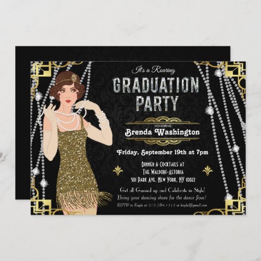 Gatsby Flapper Girl Afstuderen Invitation Kaart (Voorkant / Achterkant)