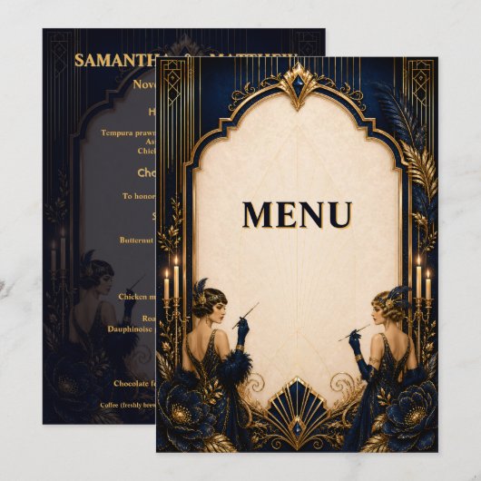 Gatsby flapper girls art deco trouwdiner menu (Voorkant / Achterkant)